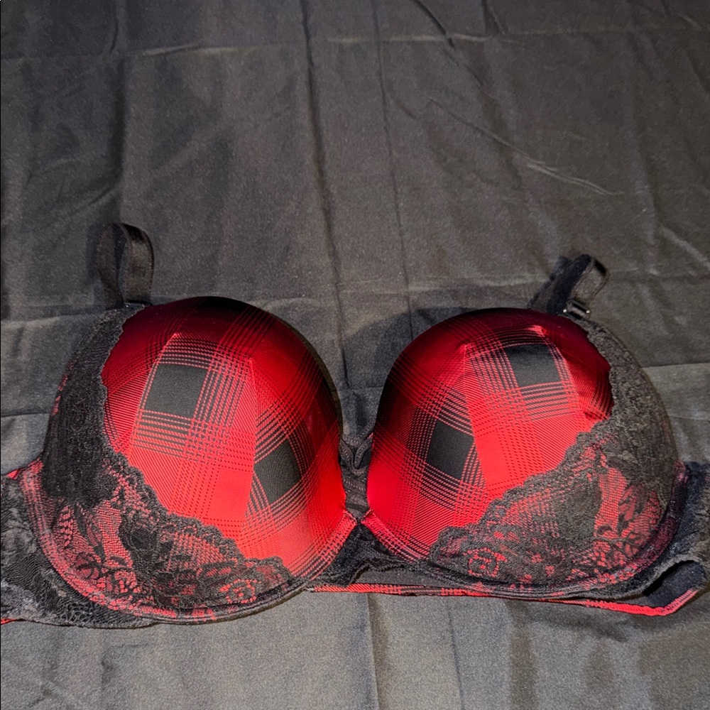 Red and Black Lace Plaid Bra